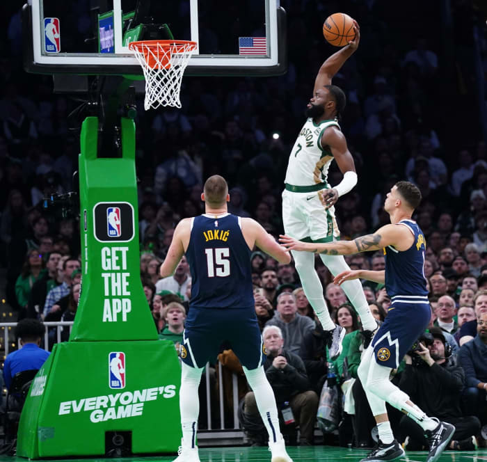 Jaylen Brown dunks against Denver
